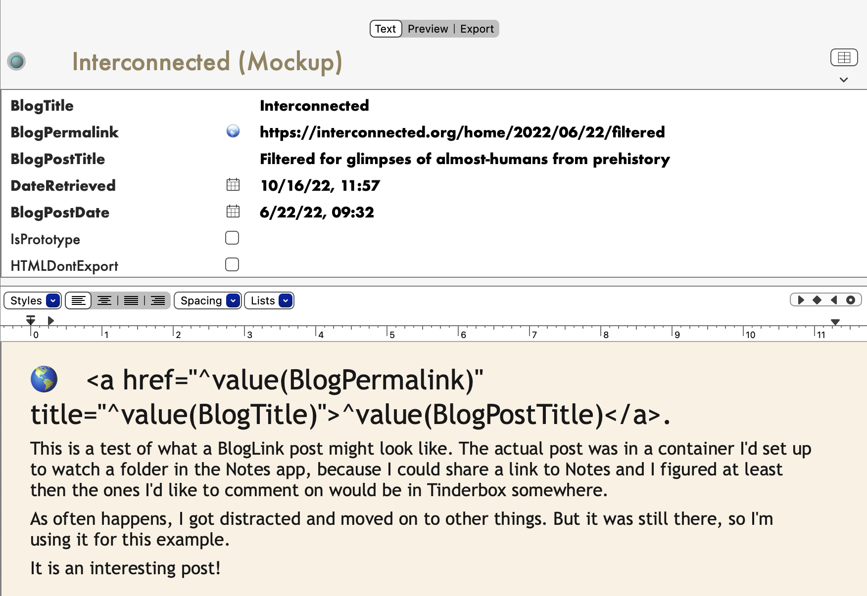 Screenshot of a BlogLink note in Tinderbox