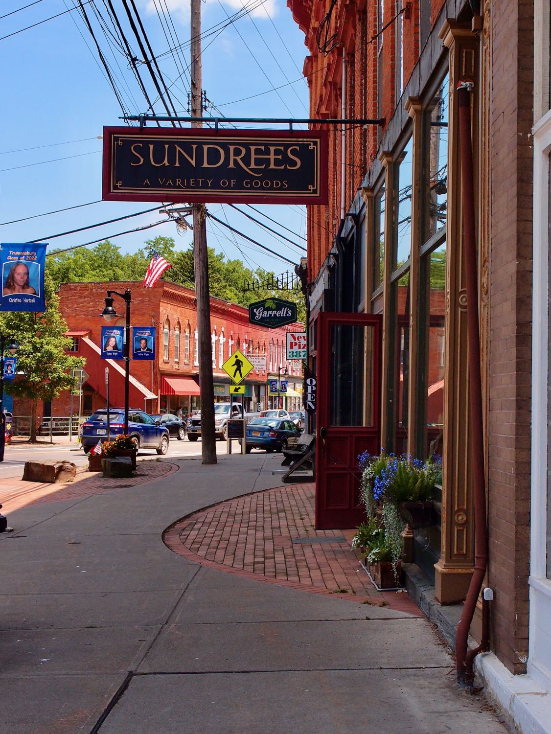 View down the main street in Trumansburg NY, portrait orientation, from shadow into light, old red brick buildings and a sign saying 