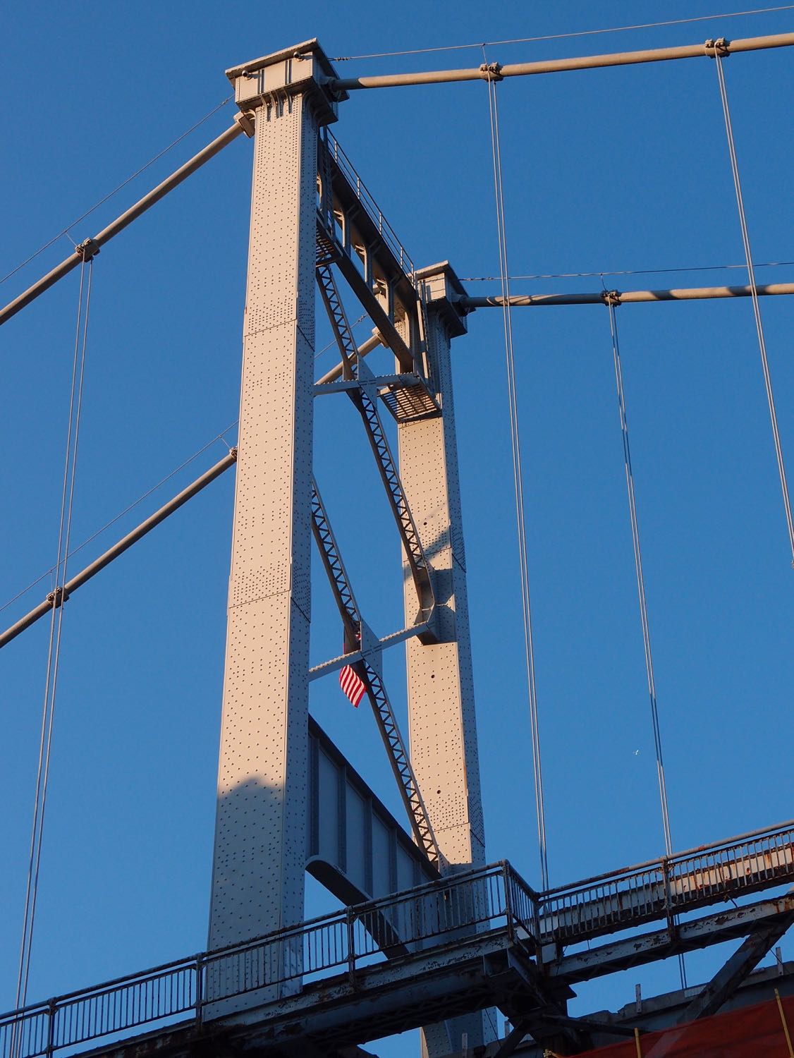 Photo of the upper part of one of the trusses of the Kingston-Port Ewen suspension bridge.