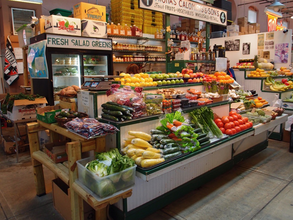 Photo of a produce stand in the Eastern Market building in Washington DC