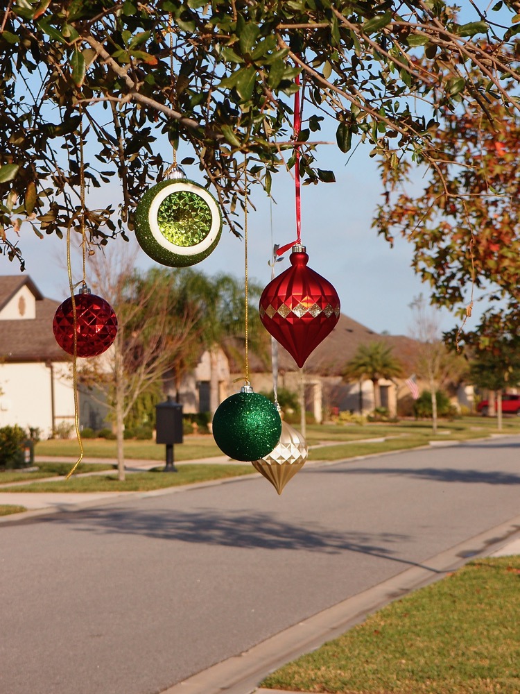 Large Christmas tree ornaments hung by red ribbons on a tree next to a suburban street.