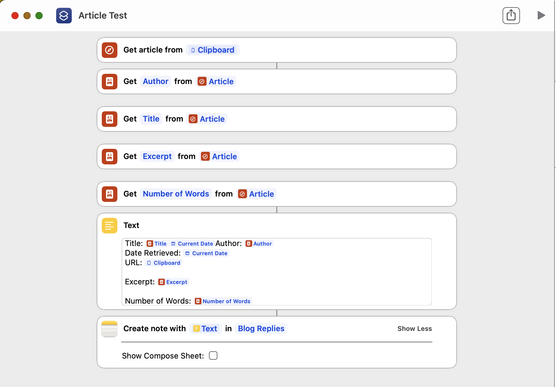 Screenshot of a MacOS Shortcuts workflow