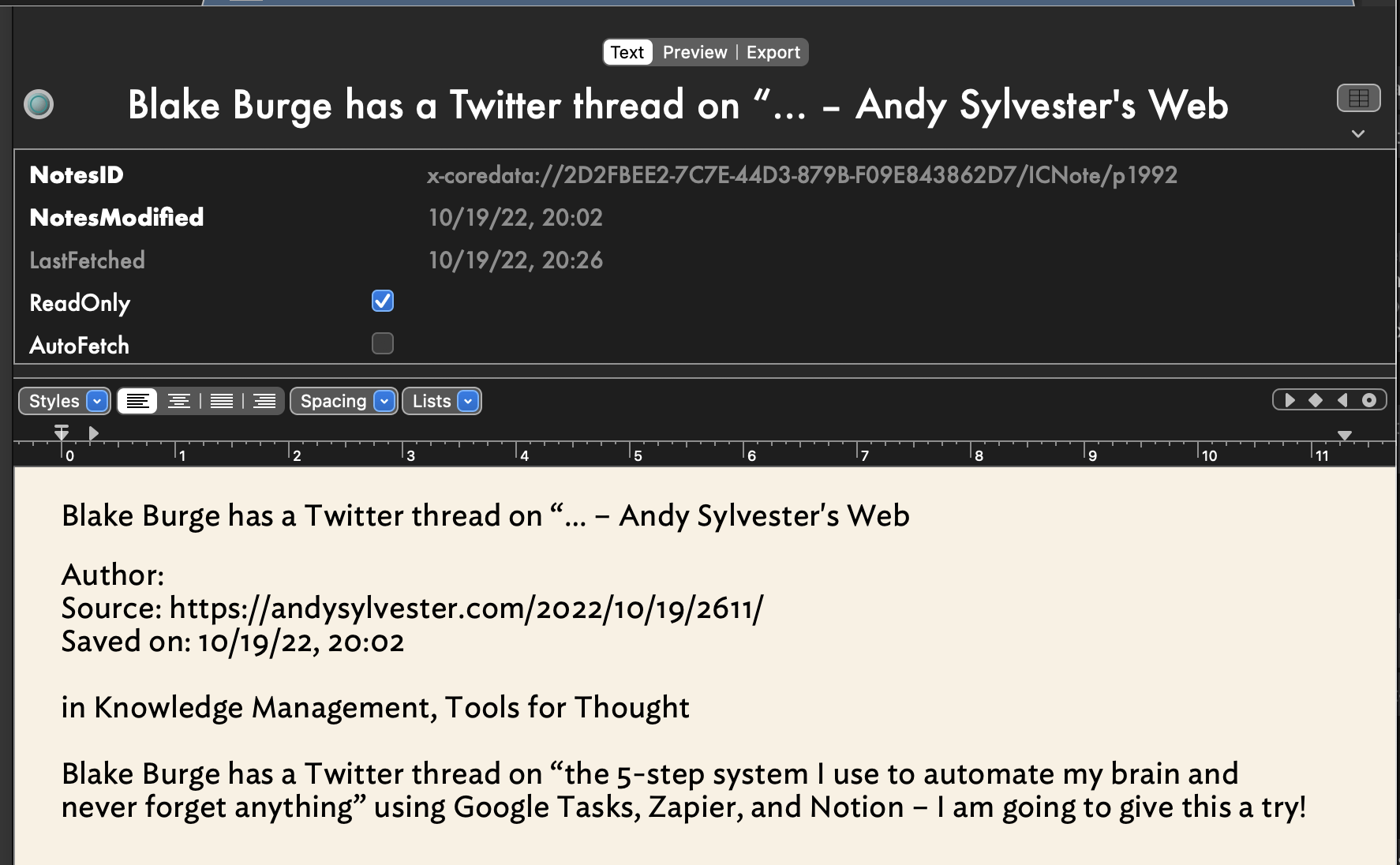 Screenshot of a BlogLink note in Tinderbox