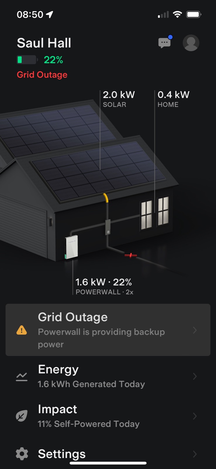 Screenshot of the iOS Tesla app during a power outage showing state of charge of the Powerwall, solar output and home consumption