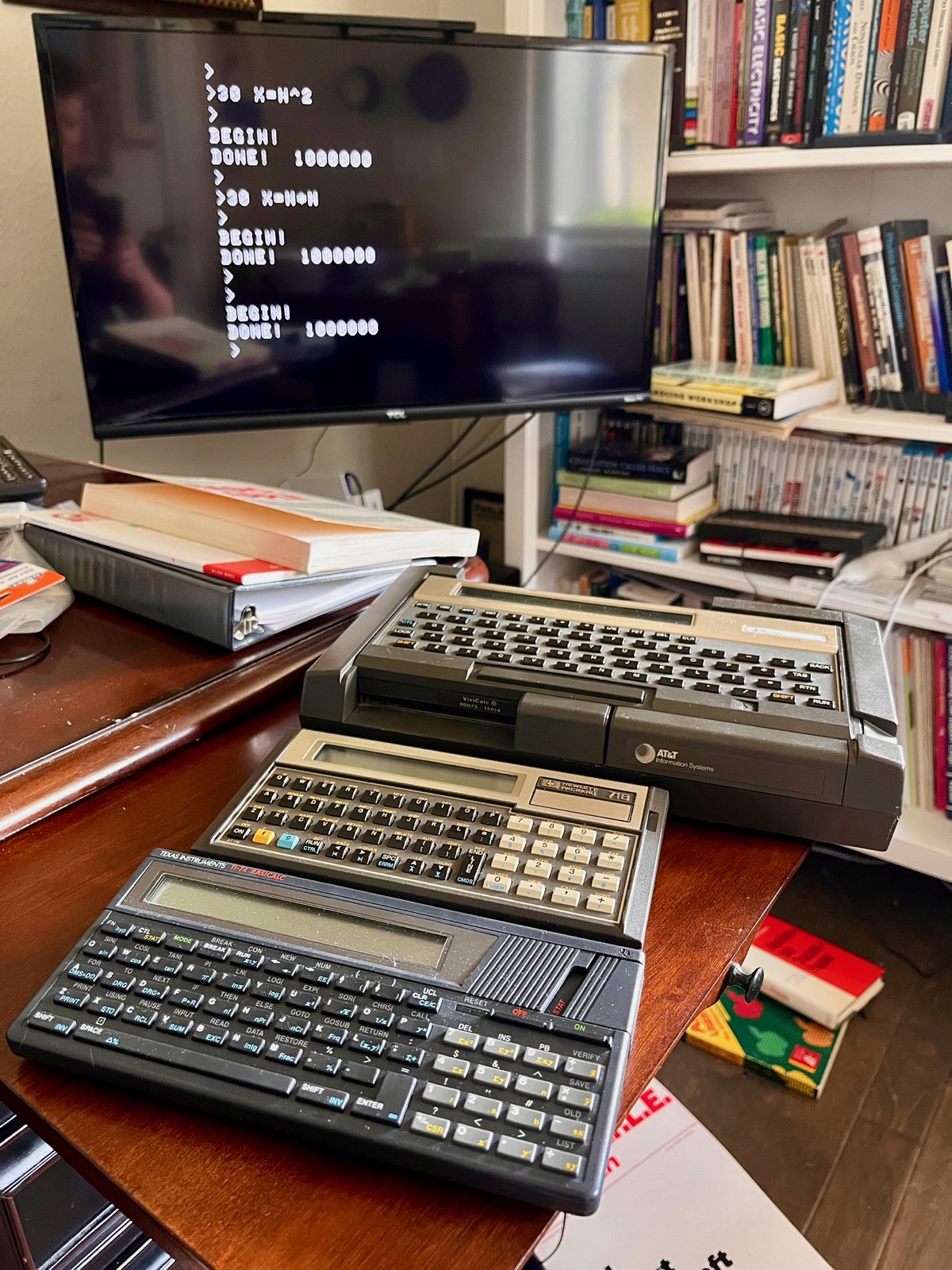 From front to back, TI-74 BASICalc, HP-71b and HP-75 mounted in 