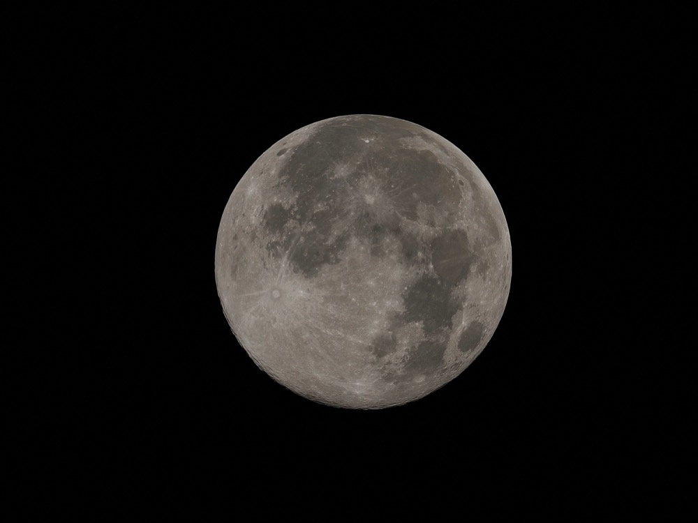 Photo of the full moon shot in handheld high resolution mode on an Olympus E-M1X w/mZuiko 100-400mm zoom