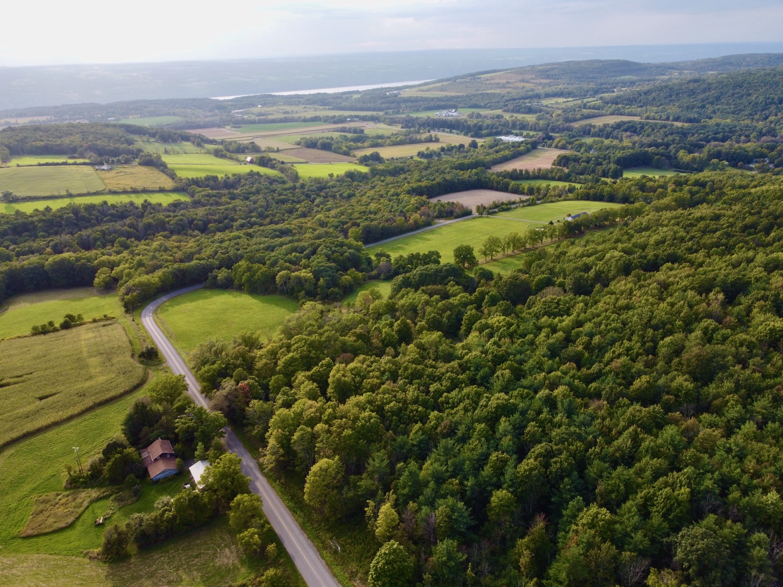 Drone shot overlooking farmland with a sliver of Seneca Lake visible in the top of the frame