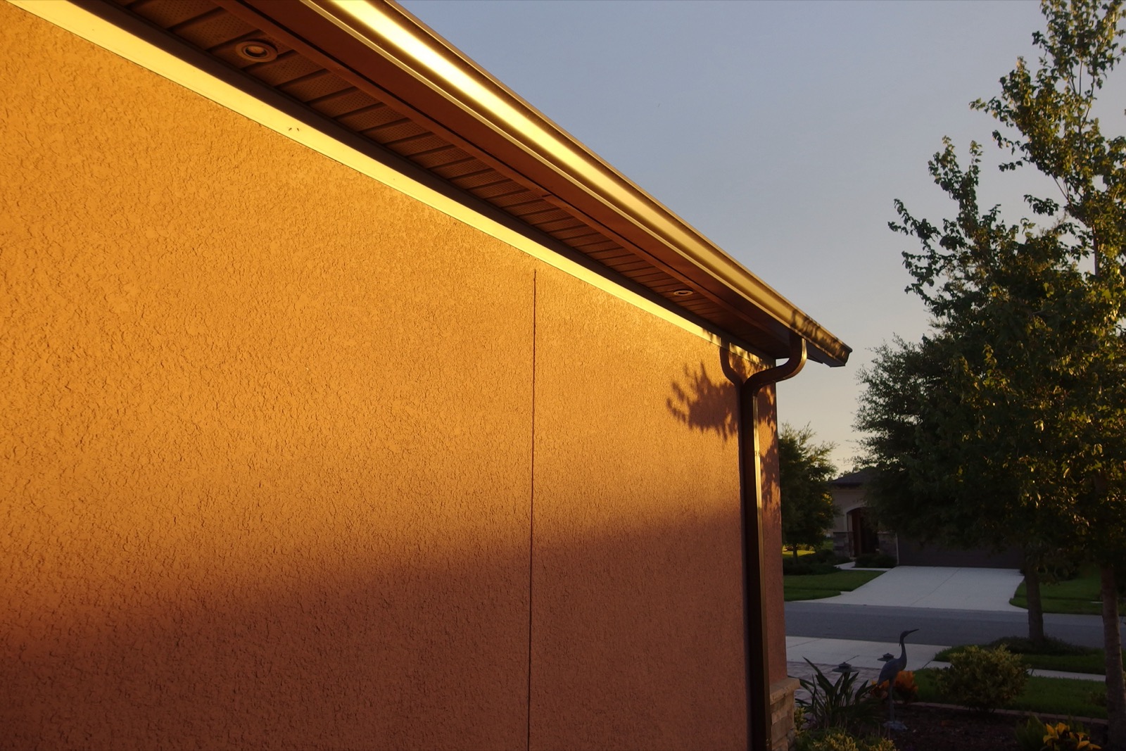 Low-angle sunlight on reddish stucco wall