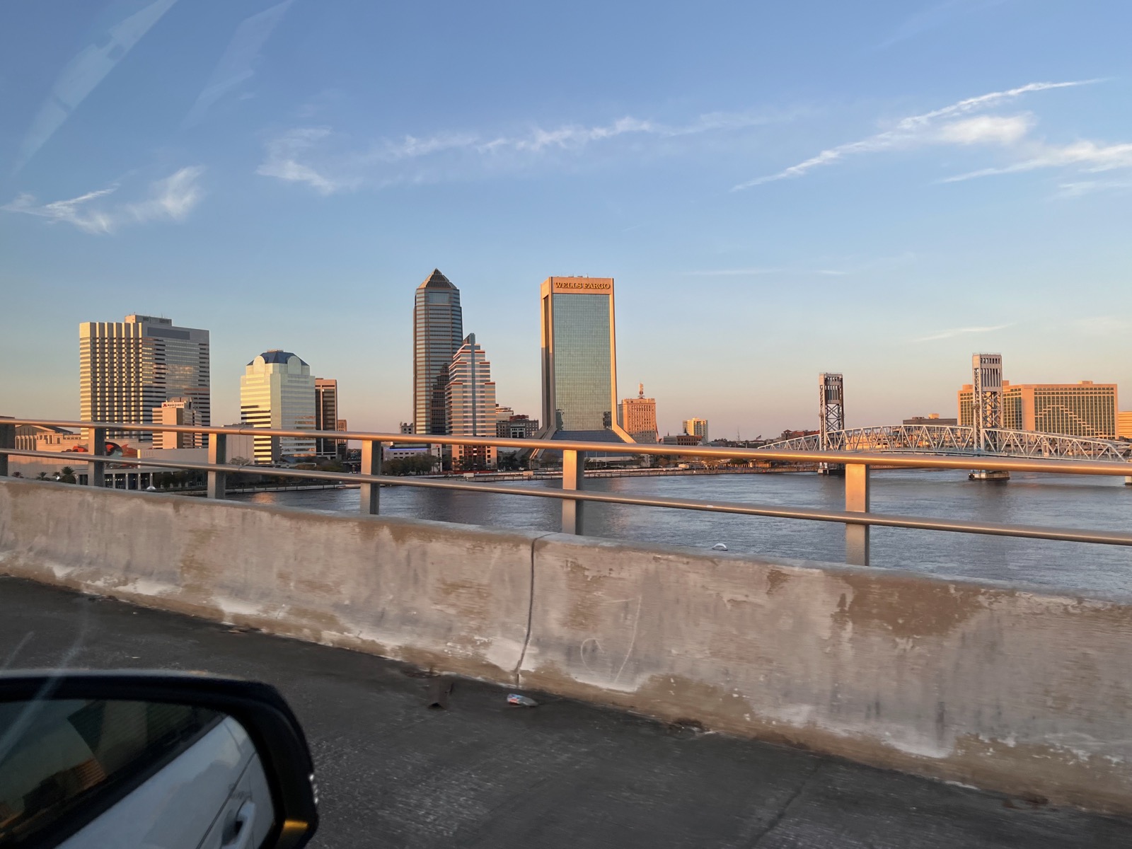 Photo of the skyline of Jacksonville Florida above the St Johns River taken from a moving car