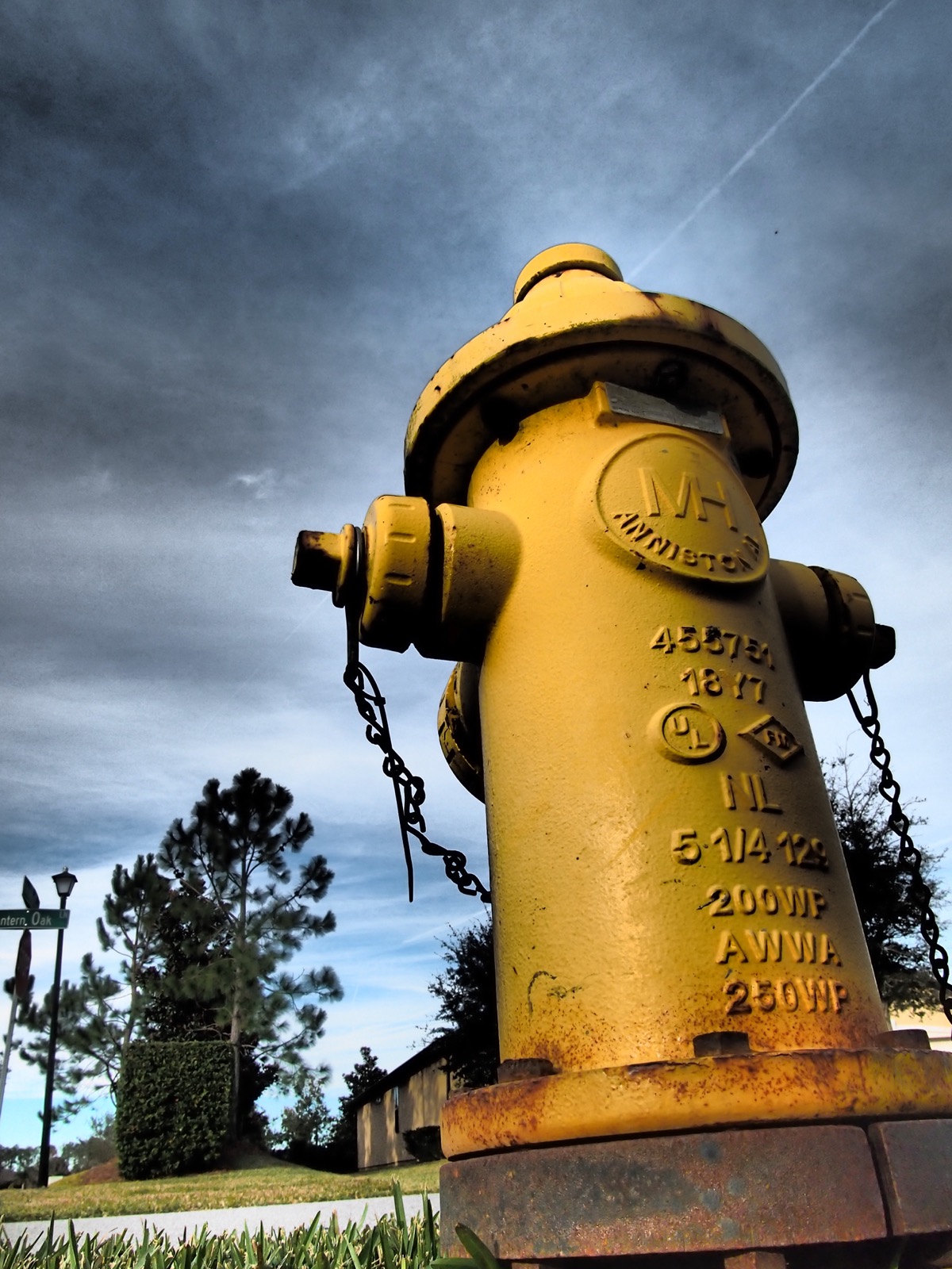 Low angle shot of a yellow fire hydrant against a blue sky with a suburban landscape in the background with a contrasty 