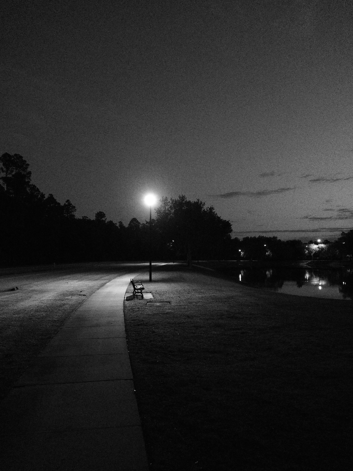 Grainy black and white image of an empty bench illuminated by a street lamp against the morning twilight