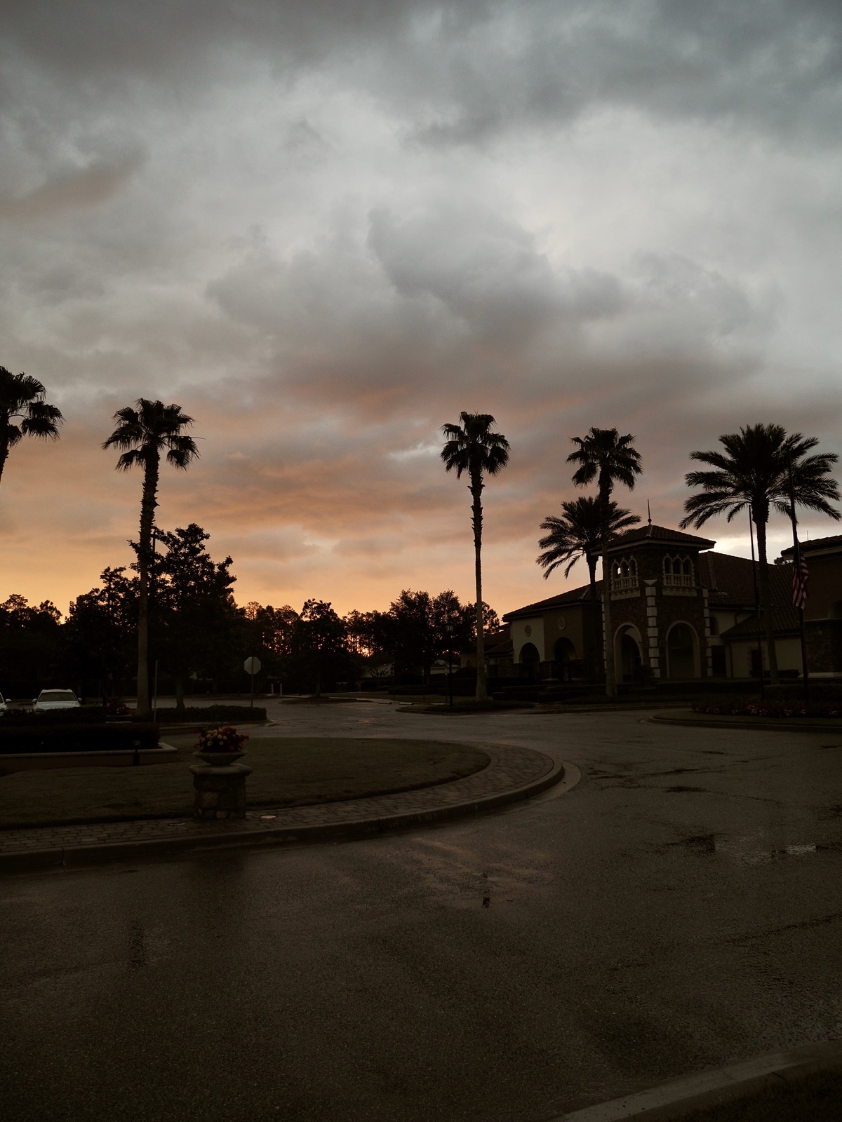 Early morning clouds and a wet road with palm trees silhouetted