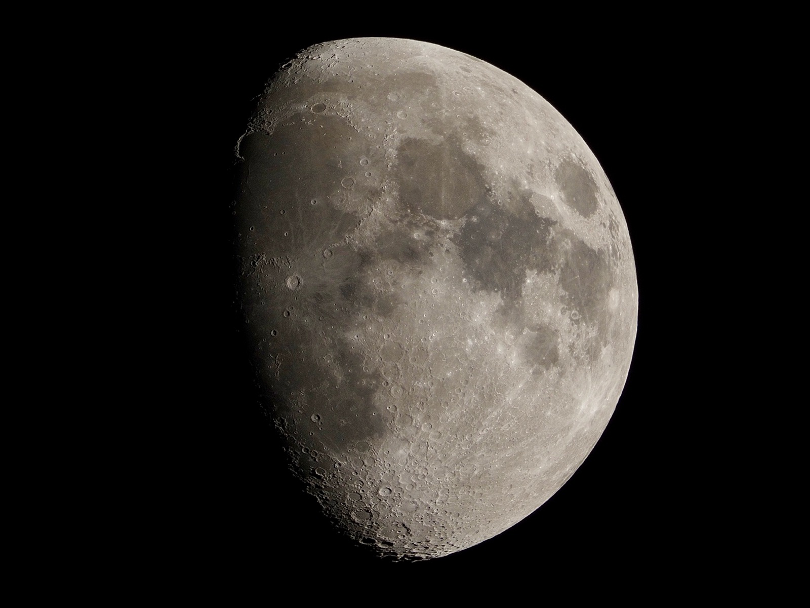 Closeup of the waxing gibbous moon, 71% illuminated.