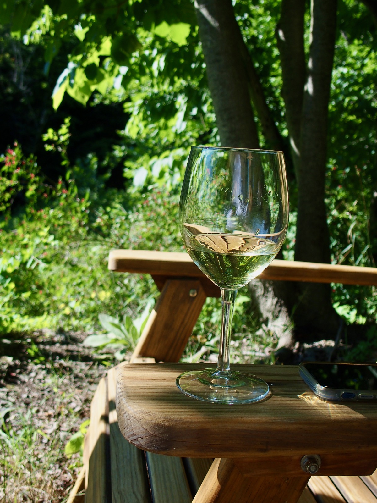 Photo of a glass of white wine on the arm of an adirondack chair in the late afternoon