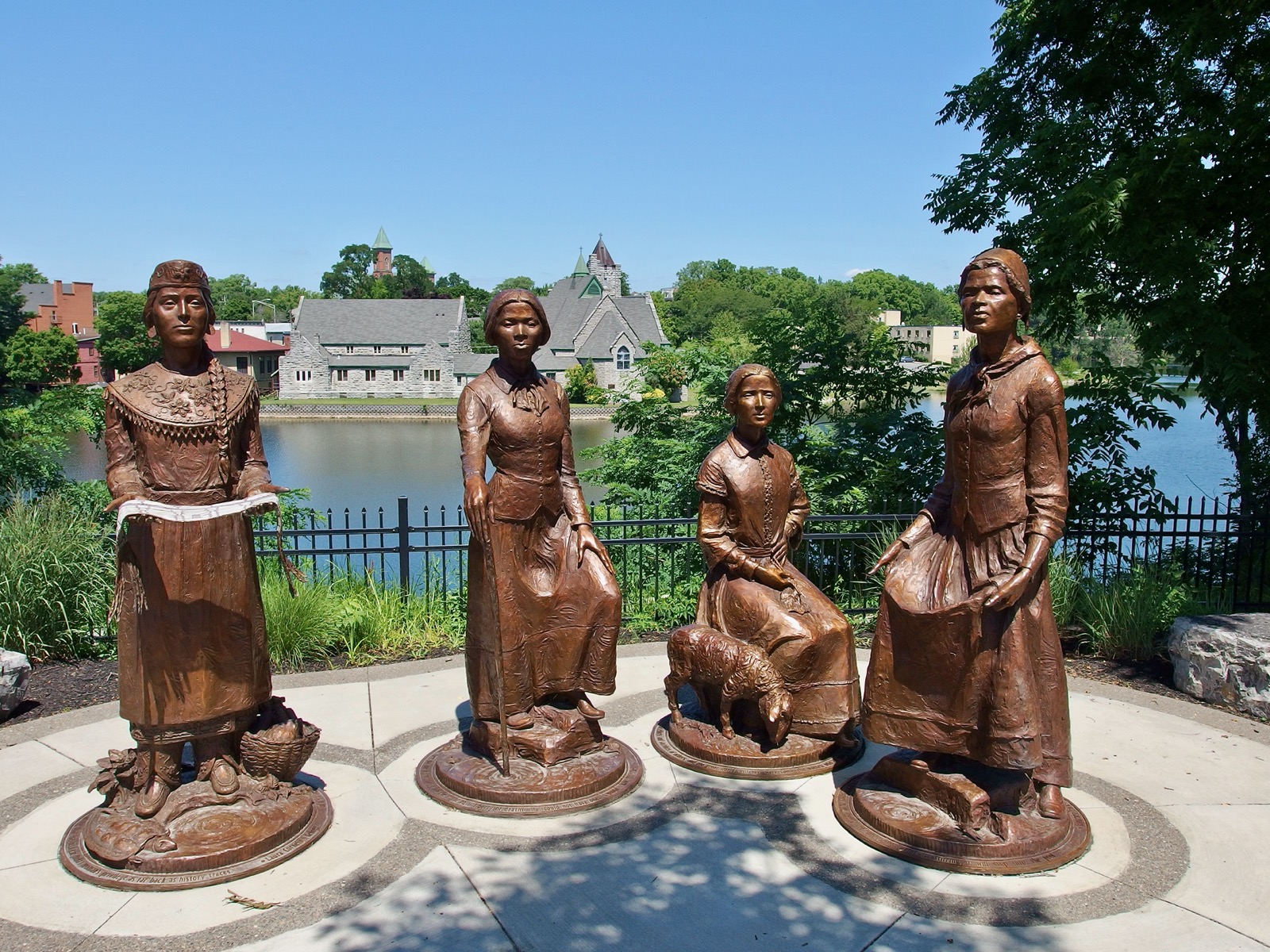 Bronze statues of Laura Cornelius Kellogg, Harriet Tubman, Martha Coffin Wright and Sojourner Truth in Seneca Falls New York