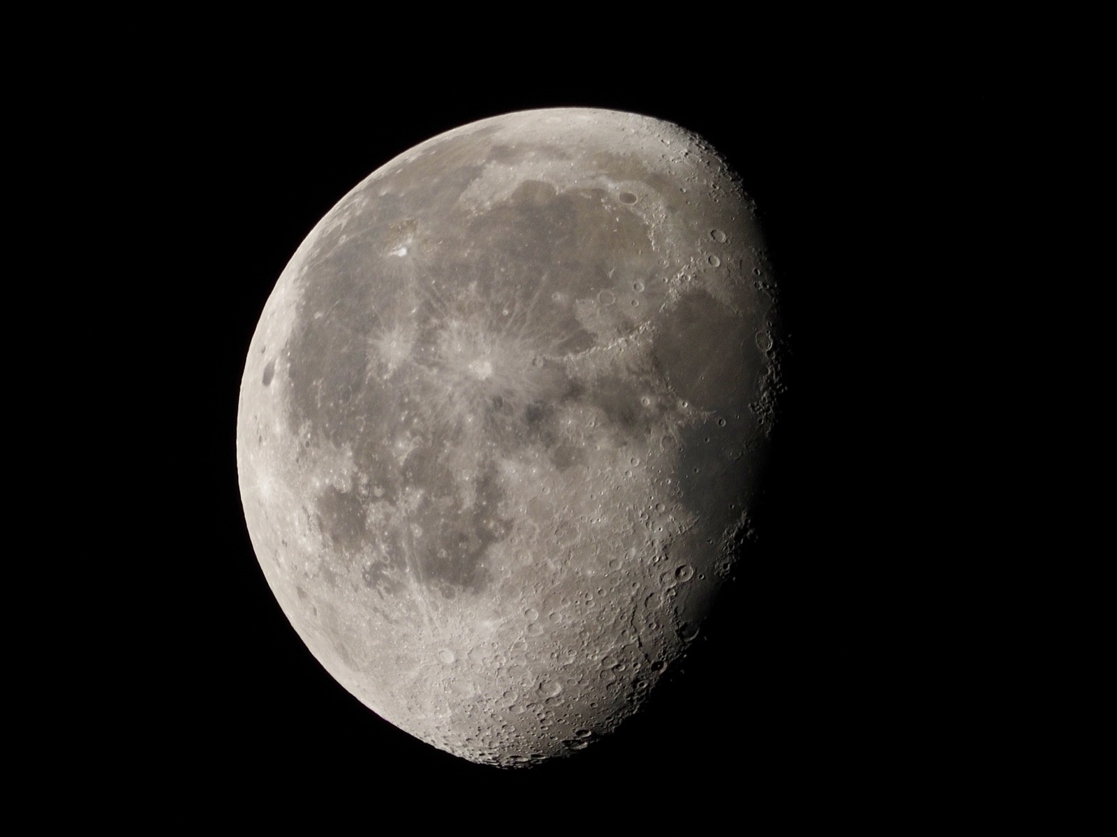 Telephoto closeup of the waning gibbous moon, 78% illuminated