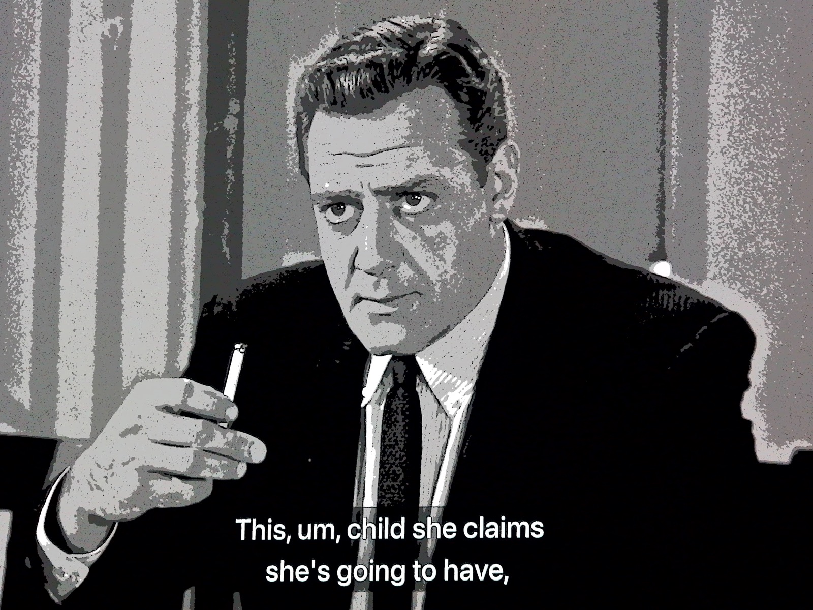 Photo of a television screen with Perry Mason depicted in black and white with the Line Art filter in an Olympus jpeg from an XZ-10 compact camera.