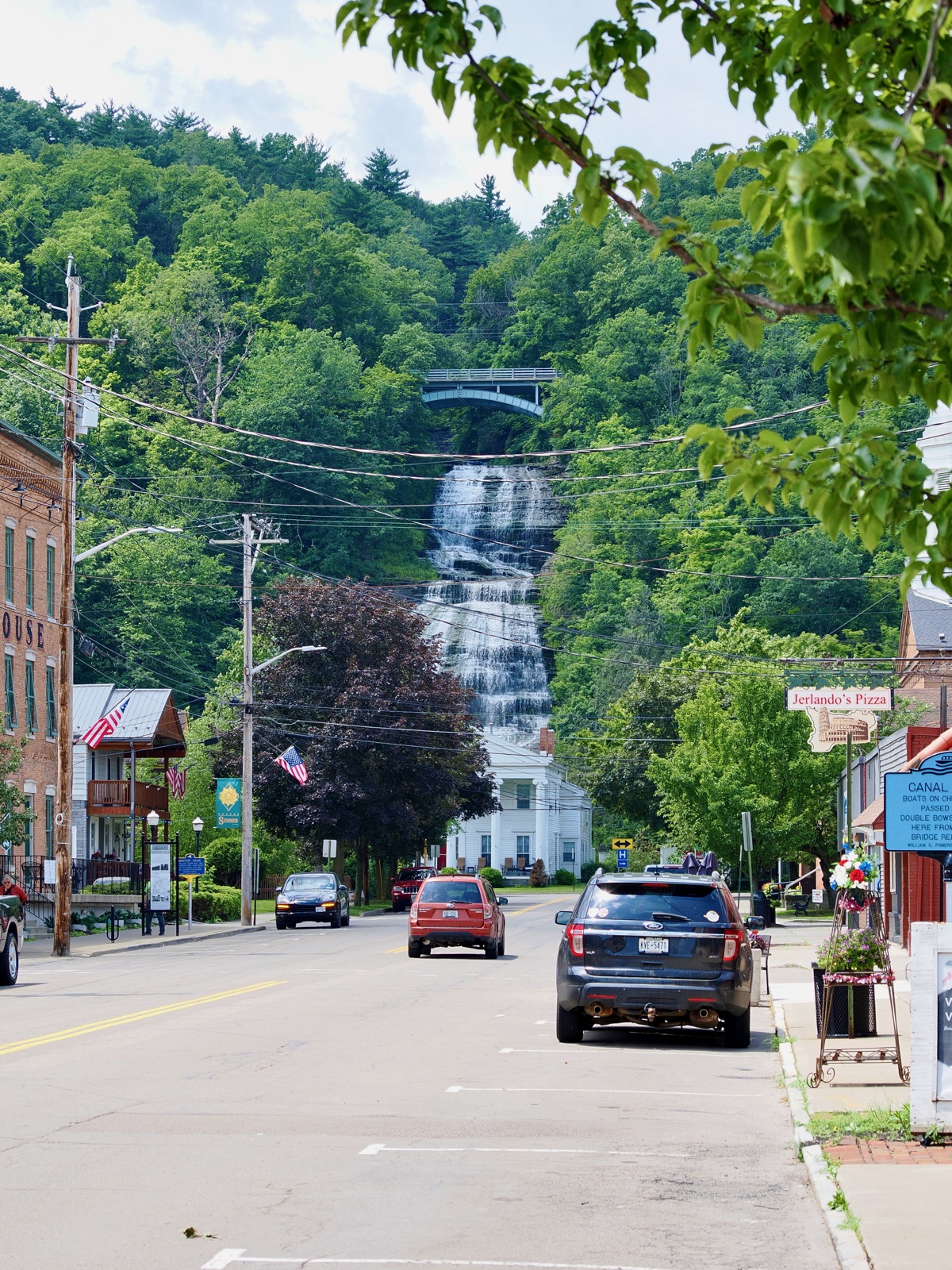 Image of Montour Falls looking down Main Street toward the falls.