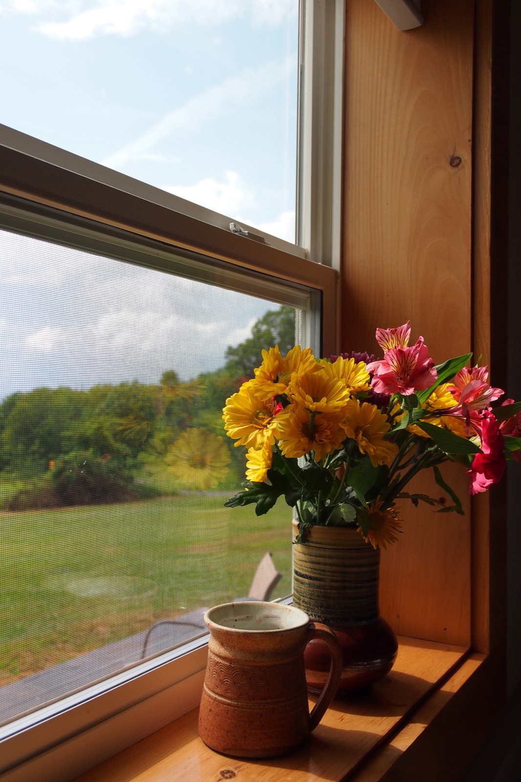 Image of some flowers in a ceramic vase on a windows sill