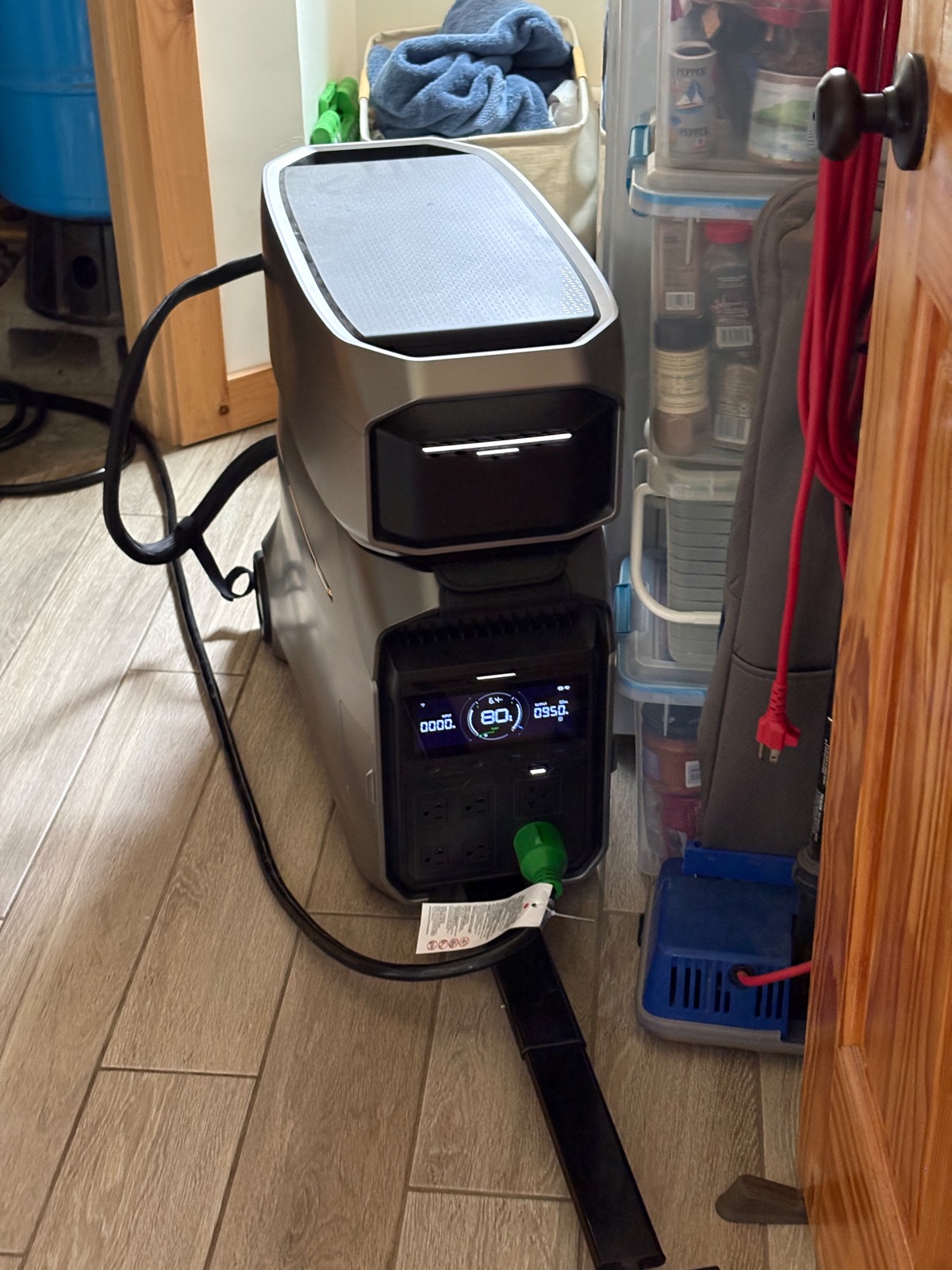 An Ecoflow Delta Pro 3 with an expansion battery in our home
