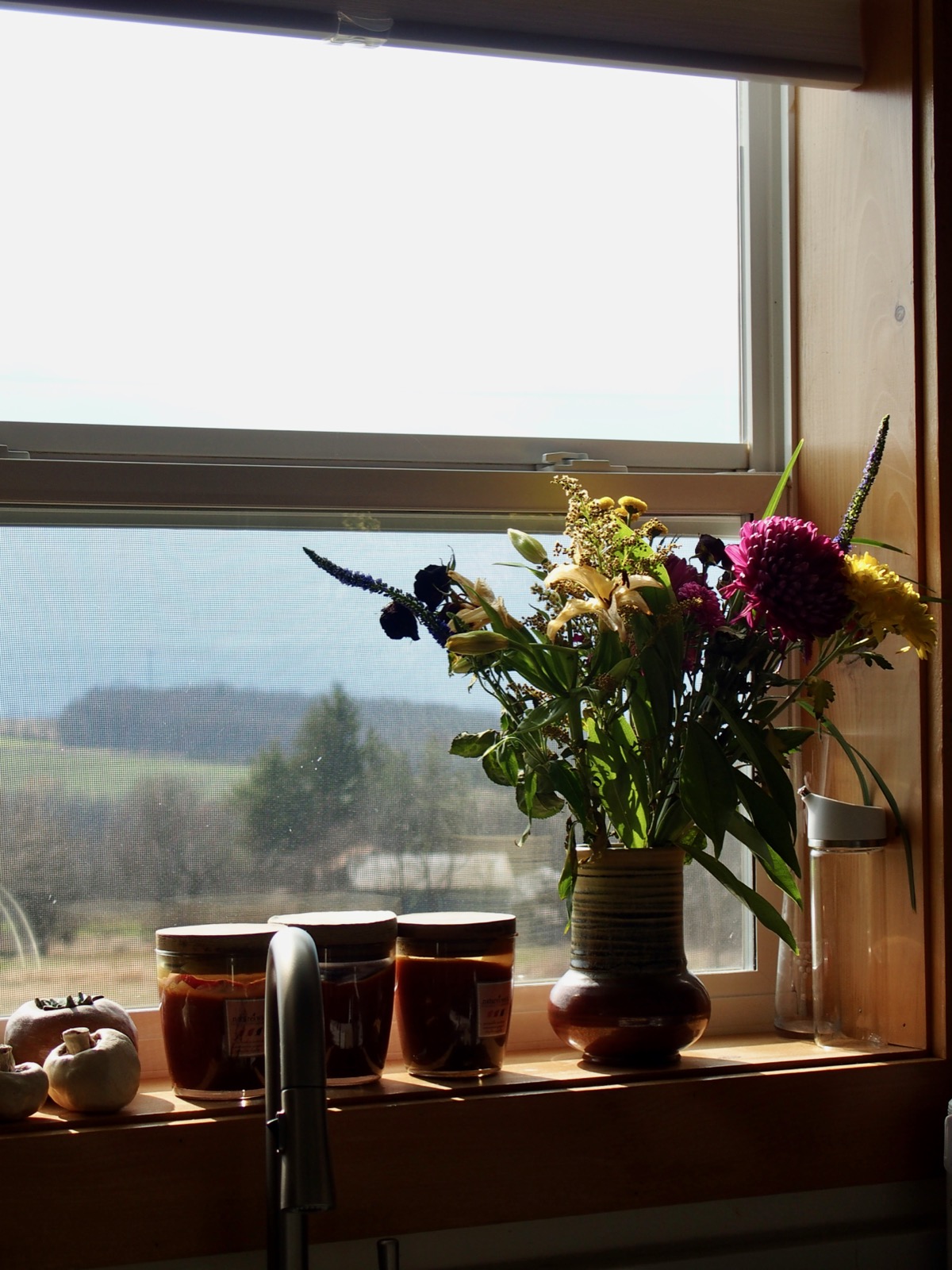 Decaying flowers in a vase on a window sill