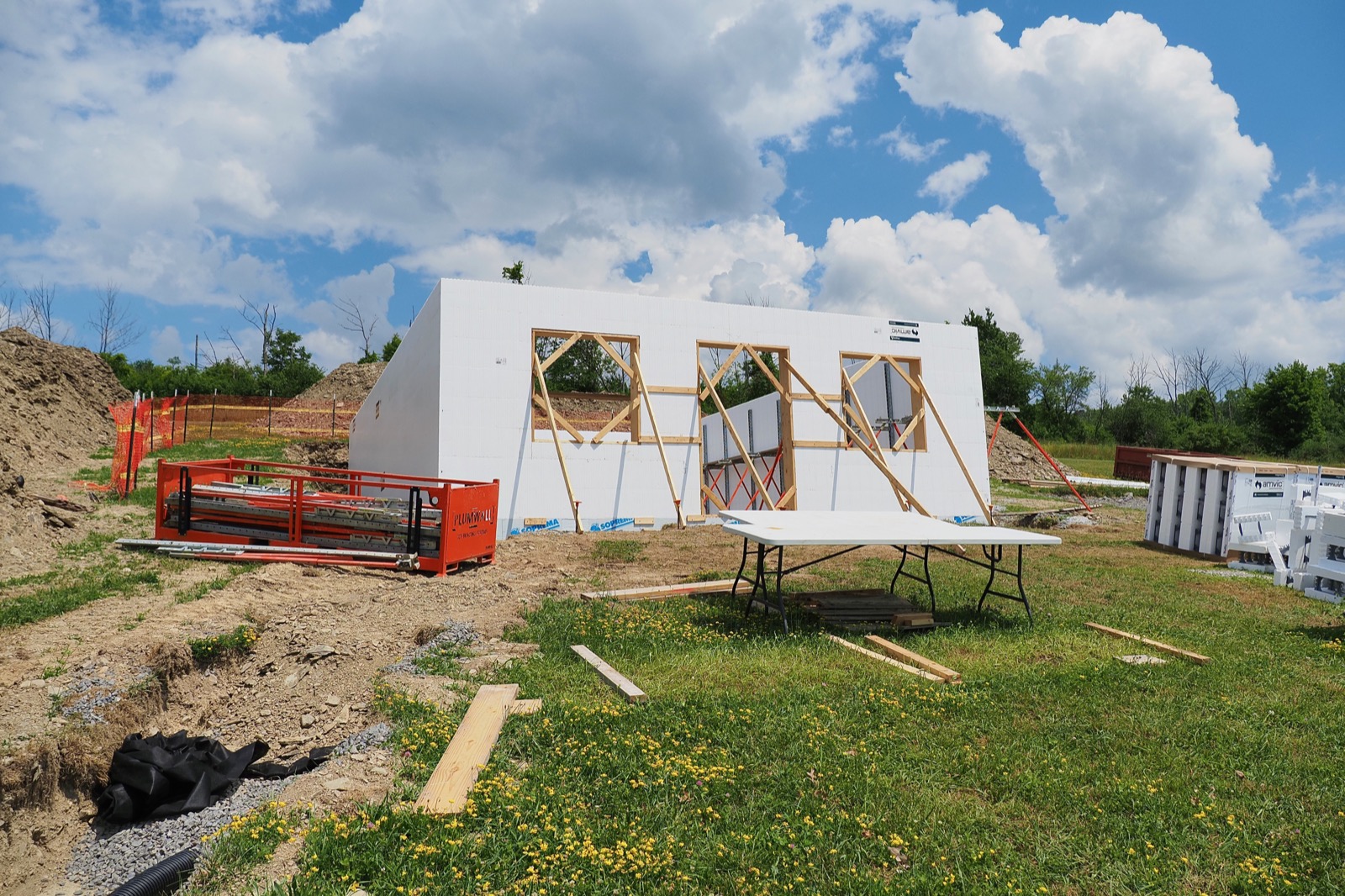Insulated Concrete Forms stacked to form a walkout basement.