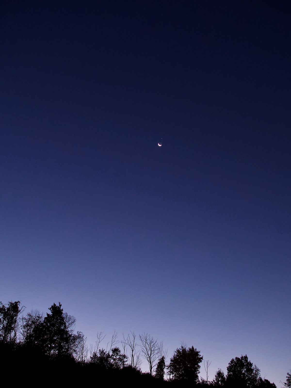 Crescent Moon with Jupiter in near conjunction above a rura, treed horizon.