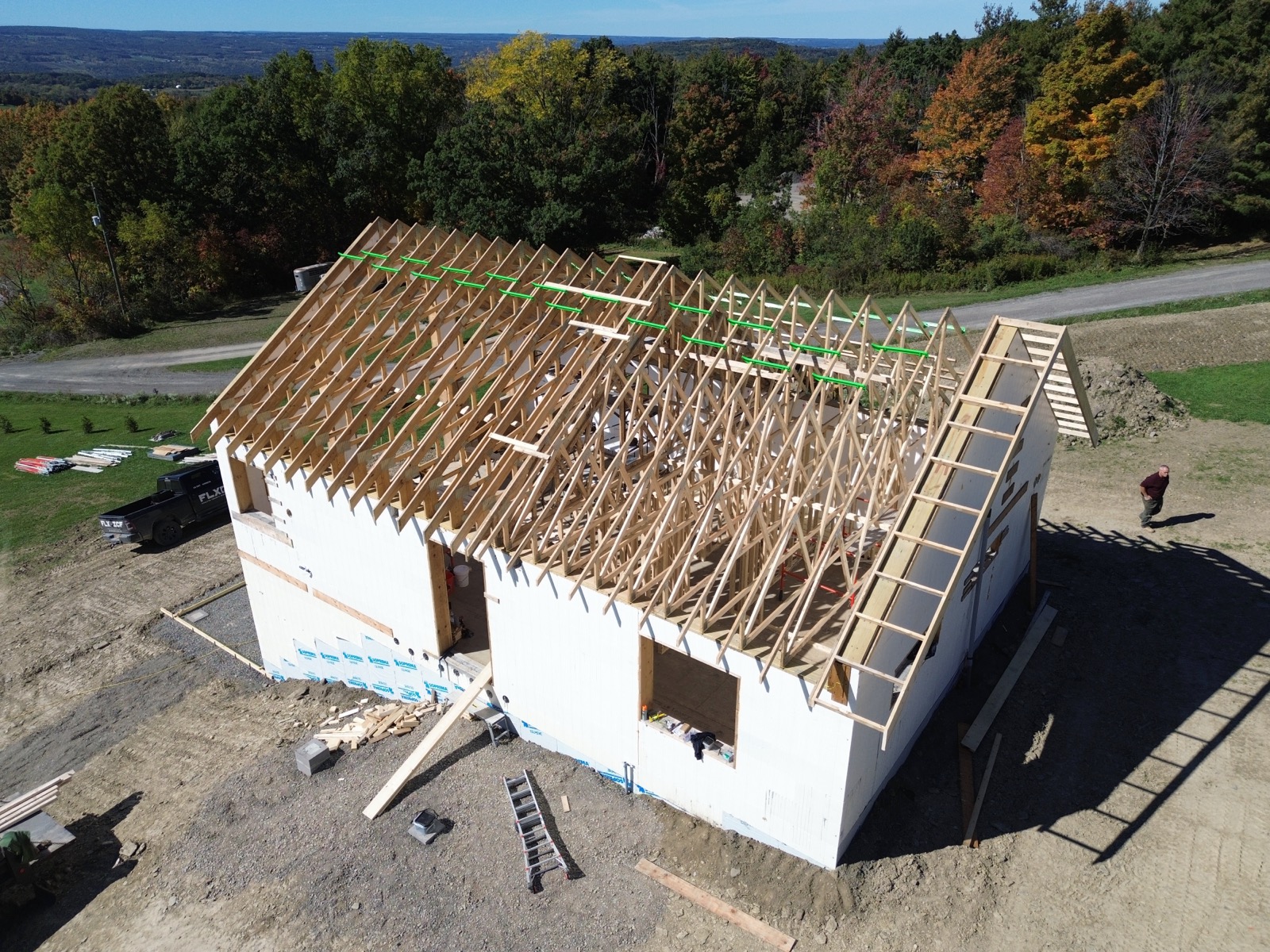 Aerial shot of roof trusses on an ICF home under construction.